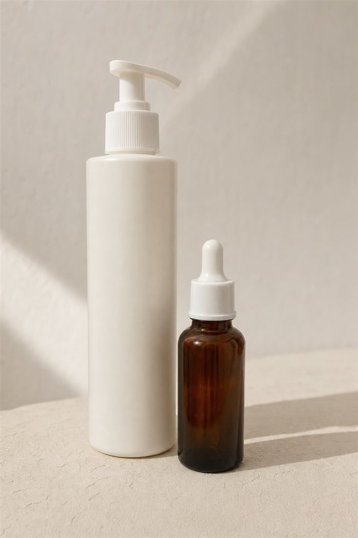 Studio result: both bottles on pale plaster with a soft shadow