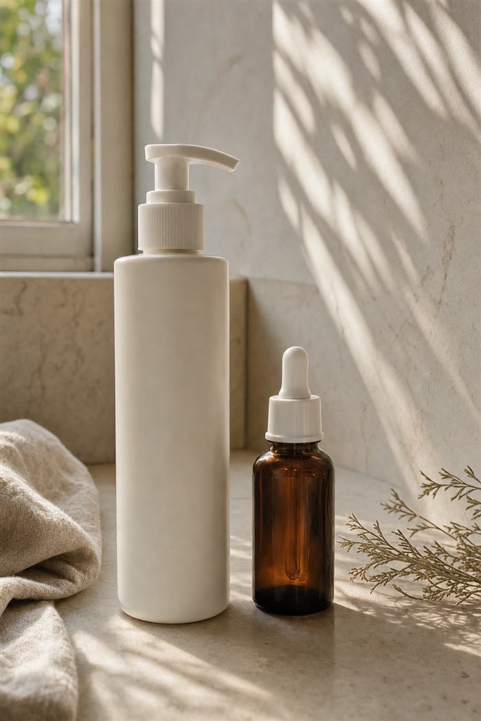 Lifestyle result: the bottles on marble in dappled window light