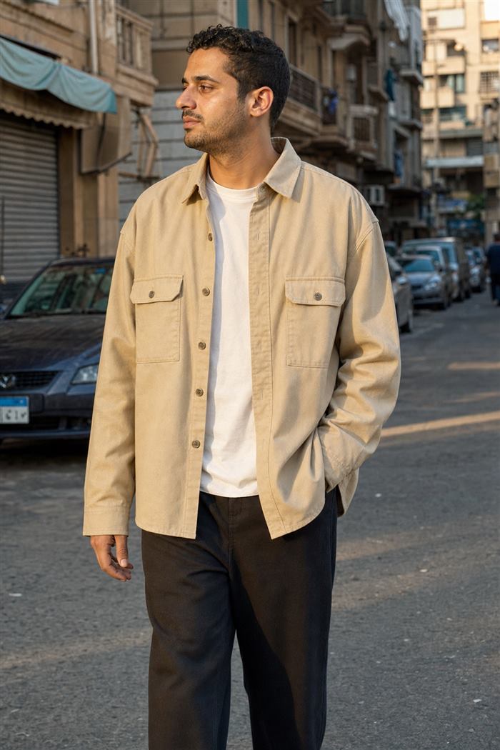 Lifestyle result: the overshirt worn on a sunlit Cairo street